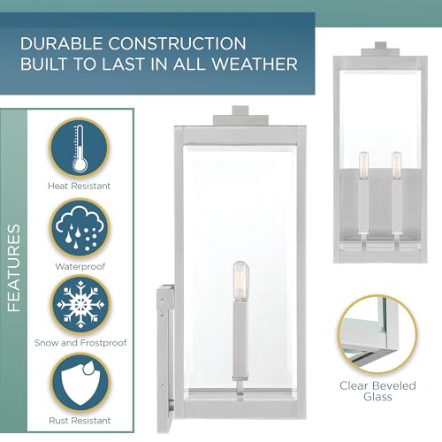 Image of Quoizel Westover Modern Wall Sconce, 22.75 Inch Stainless Steel 2-Light Outdoor Light Fixture, Clear Beveled Glass Wall Lantern, 60 W, Industrial Design Wall Light for Porch, Patio, Gazebo or Yard