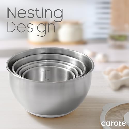 CAROTE Stainless Steel Mixing Bowls with Lids Set,12 Pcs Nesting Bowls Clear Airtight Lids 3 Grater Attachments,Non-Slip Bottoms & Measurement Marks Mixing Bowls,Size 5,3,2,1.5,1QT - Thumbnail 3