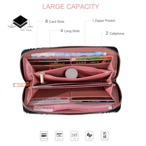 Wristlet Wallets for Women, PU Leather Printed Zip Around Wallet Phone Clutch Purse Card Holder Organizer (Flowers)2