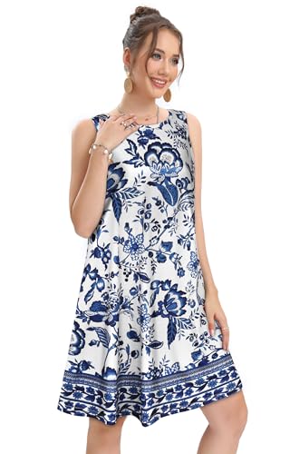 Image of elescat Women's Summer Dresses 2026 Beach Casual Sleeveless Floral Print Tank Loose Sundress with Pocket
