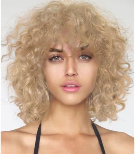 Siudus Bob Lockige Perücke für Damen Blond Kurze Perücken mit Pony Schulterlänge Naturel Kunsthaar Perücken für Daliy Party Gebrauch