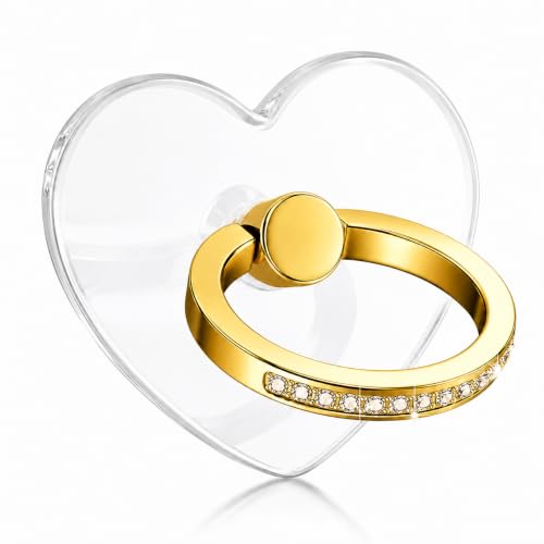 Image of Mizi 2Pack Transparent Heart Phone Ring Holder Kickstand, Bling Crystal Finger Grip Stand with 360 Rotation for iPhone, Samsung, Android Phones & Cases - Gold