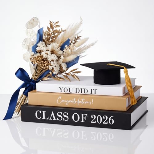 Threehoney 3 Pcs Graduation Table Centerpieces Class of 2026, Graduation Book Centerpiece Congratulate Grad Decoration Decorative Book Storage Box Table Home Party Decor(Black, White, and Yellow) by Threehoney - Used condition - US$13.79