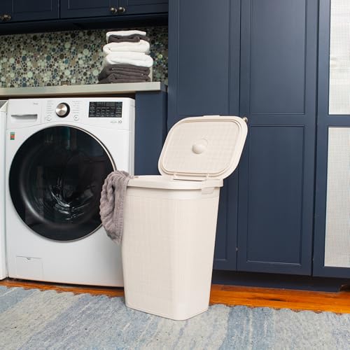 Mind Reader 60L Slim Laundry Hamper, Clothes Basket, Lid, Linen Design, Plastic, 18.25”L x 14.25”W x 23.5”H, Ivory