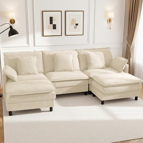Image of Claiks 110 inch Modular Sectional Sofa, Cloud Couch with Ottoman, U-Shaped 5-Seater Sofa in Chenille Fabric, Deep Seat Comfy Couch with Pillows for Living Room & Offices, Beige