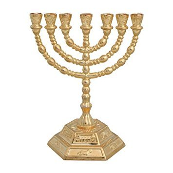 7 Branch Hexagonal Base 12 Tribes of Israel Menorah in Gold