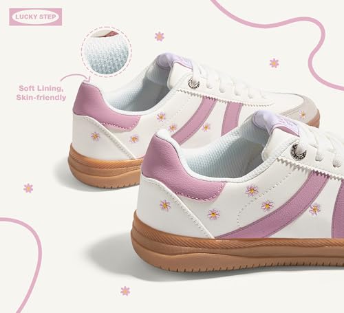 LUCKY STEP Women Classic Retro Tennis Sneakers Fashion Gum Sole Skate Casual Walking Shoe Anti Slip Floral Embroidery Comfortable Trainers3