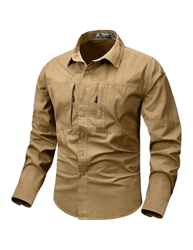 Eisctnd Men's Long Sleeve Tactical Work Shirts, Outdoor Casual Button Down Shirt with Zipper Pockets for Hiking, Safari