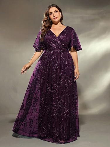 Plus Size Women's V Neck Ruffles Flutter Sleeve Embroidered Lace A Line Maxi Dress for Wedding Party Evening4