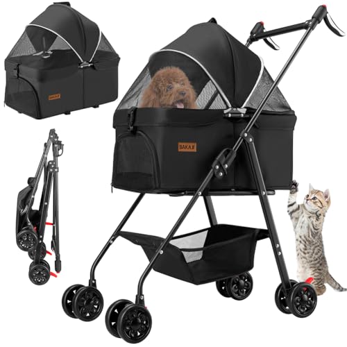 BAKAJI Passeggino per Cani e Gatti 2 in 1 Pieghevole e Salvaspazio con Cestello Rimovibile, Carrozzina per Animali Domestici con Capsula Trasportino Removibile e Ruote, Tettuccio Apribile (Nero)