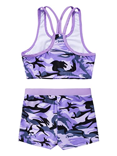 Kids Girls 2 Piece Sports Gymnastics Dance Outfits Crop Tank Top with Booty Shorts Active Workout Sets Lavender 12 Years4