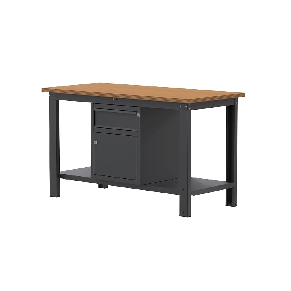 SOGI X3N_103L Werkbank - 1,5 m - Holzplatte - Schrank mit Tür und Schublade - Anthrazitgrau, Holzbock