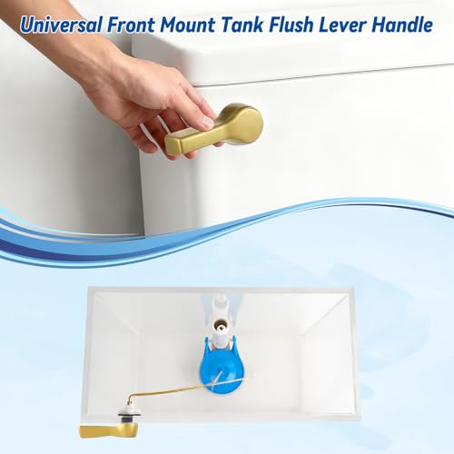 Image of Hibbent Universal Metal Front Mount Flush Toilet Handle Kit, Brushed Gold | Solid Brass Toilet Flush Tank Lever with Stainless Steel Adjustable Flapper Chains, Side Tank Toilet Handle for Most Toilets