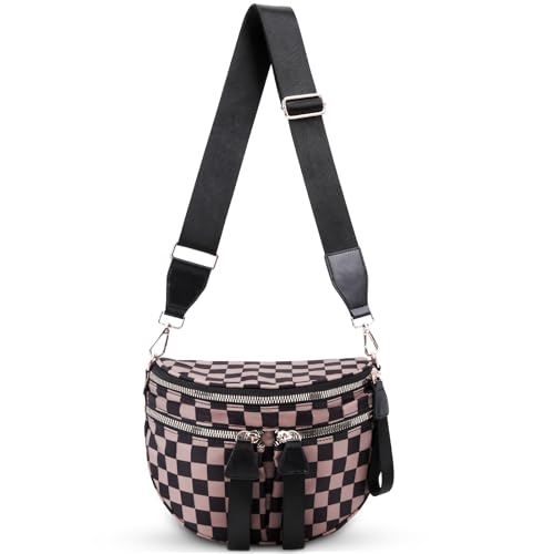 Image of hibear Checkered Crossbody Bag Spacious Bum Bags for Women Nylon Crossbody Fanny Packs Checkered Purse Belt Wallet (W-Mocha)