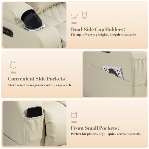 Image of Zero Wall Hugger Power Reclining Sofa with Adjustable Headrest, Electric Reclining Couch with Drop-Down Table,Outlets, Power Loveseat Recliner Sofa for Living Room (PU Beige, 3 Seat)
