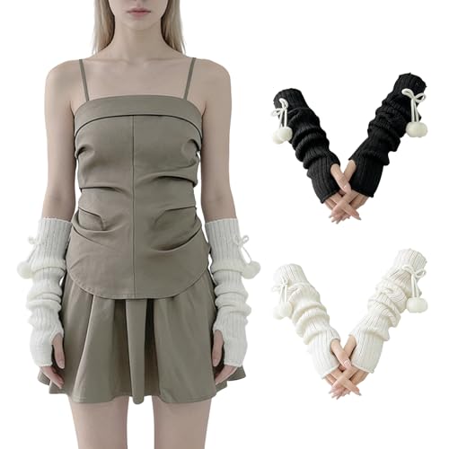 DUOJINSANXI 2Pcs Arm Warmers Y2k Black White Y2k Cute Kawaii Knit Warmers Fingerless Sleeves Fashion Goth Accessories Women (white black -4)