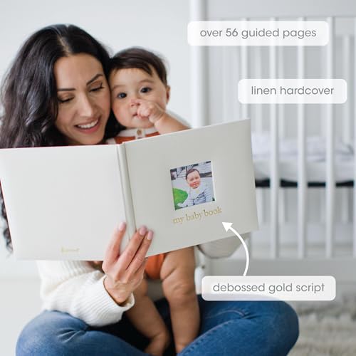 Image of Pearhead Ivory Linen Baby Memory Book, 4x6 Photo Cover Insert | 56 Guided Pages, First 5 Years Milestone Journal, Photo Album Pages, Baby Gift