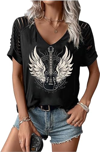 LANMERTREE Cut Out V Neck T Shirts Nashville Outfits for Women Casual Loose Shirt Country Music Graphic Tee Shirts(Black Guitar M)