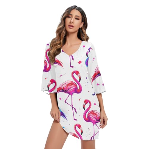 Robe trapèze en mousseline de soie à col en V motif flamant rose