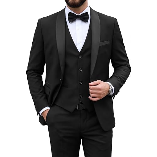 MY'S Mens 3 Piece Suit Set, One Button Shawl Lapel Tuxedo, Slim Fit Dinner Jacket Vest Pants & Tie, for Party Wedding Proms, Black