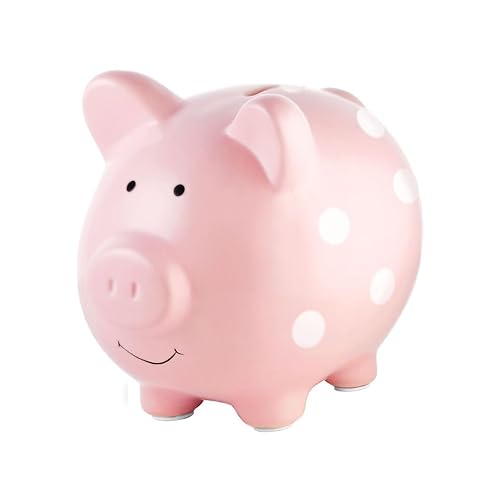 Pearhead Large Ceramic Piggy Bank, Pink Polka Dot Coin Bank