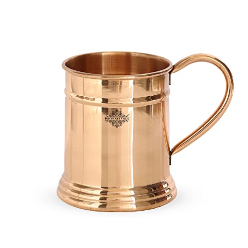 Image of INDIAN ART VILLA Pure Copper Tankard Shaped Mirror Line Design Moscow Mule Beer Mug Cup, Best for Beer Cocktail Parties, Barware, Volume-600ML, Set of 6