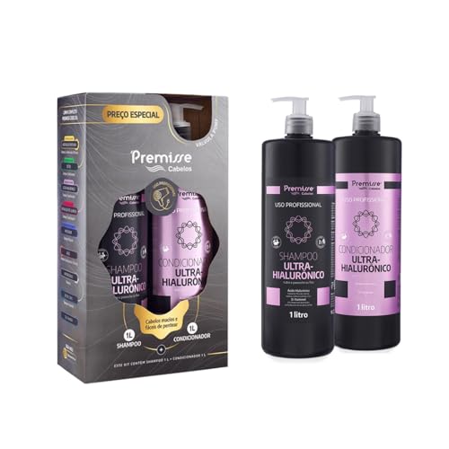 Premisse Kit Profissional Shampoo e Condicionador Ultra-Hialurônico, com Ácido Hialurônico e Pantenol, para Todos os Tipos de Cabelo, 2 Litros (1L + 1L), Hidratação Profunda e Brilho