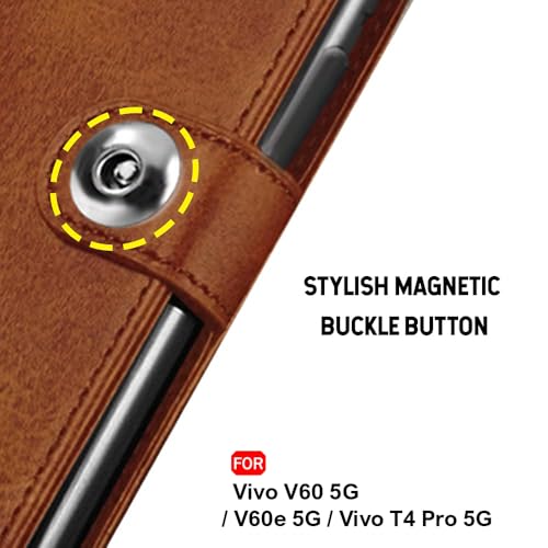 Image of TheGiftKart Genuine Leather Finish Flip Back Cover Case for Vivo V60 5G / V60e 5G / Vivo T4 Pro 5G | Inbuilt Pockets & Stand | Wallet Style | Designer Button Magnet Flip Cover (Faux Leather, Brown)