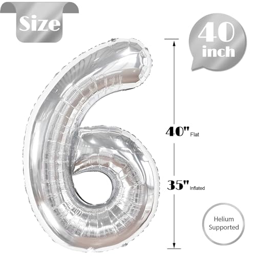 Image of Silver 6 Balloon, Number Balloons 40 Inch, 6th Balloons for Birthday Decorations, Silver Party Supplies 6 Birthday Balloon, Number 6 Balloon