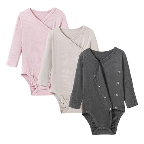 Image of DEFAHN Viscose from Bamboo Baby Side Snap Bodysuit Kimono Onsies 3-Pack Long Short Sleeve Boy Girl Boys