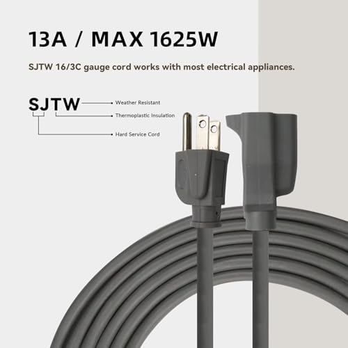 Image of 25ft Outdoor Extension Cord for Christmas Decorations - 16 /3 Heavy Duty SJTW Waterproof Gray Electrical Cable with 3 Prong Grounded Plug for Safety, Great for Lawn and Major Appliances