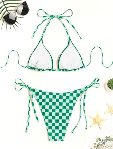 Image of ZAFUL Womens Printed Triangle Bikinis 2 Piece Halter Bikini Sets High Cut Bathing Suit Side Tie Swimsuits