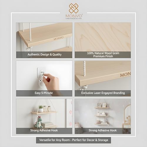 Image of 3 Tier Hanging Shelf | Wall Decor with Adhesive Wall Hooks | Rustic Wood Floating Shelves for Bedroom, Living Room, Kitchen - Boho Swing Plant Holder