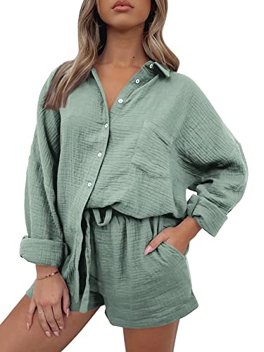 Image of Trendy Queen Two Piece Sets For Women Summer Short Sets | Matching Two Piece Pajama, Lounge Wear, Linen Set, Button-down Top with Matching Shorts, Perfect for Beach, Resort Wear