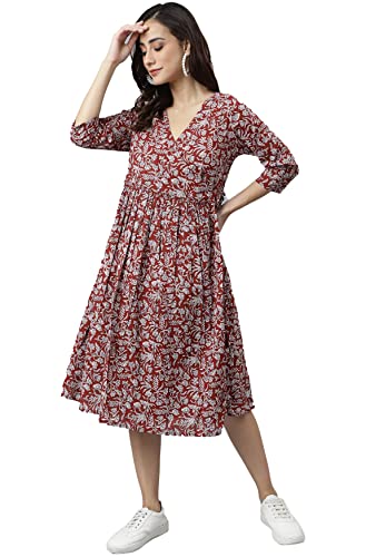Image of Janasya Women's Cotton Floral Print Angrakha Dress