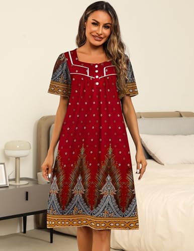 Image of Ekouaer Women's House Dress with Pocket Button Mumus | Short Sleeve Nightgown, Floral Print Mumu Dresses, Square Casual Sleepwear, Boho Roomy Housecoat, Plus Size Soft Sleepwear