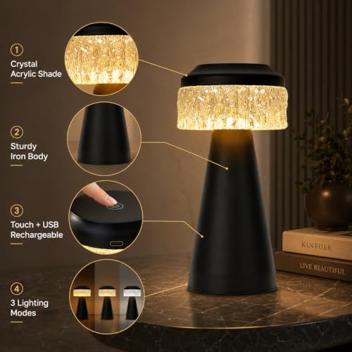 Image of One94Store Table Lamp Type-C Charging 1500mAh Battery,3 Color Dimmable Touch Control Lamp,Lamps for Home Decor and Bedroom, Living Room, Restaurant,Outdoor Use (Diamond Mesh - Black)