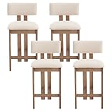 DM Furniture 26' Mid Century Modern Counter Bar Stools for Kitchen Island Farmhouse Wooden Counter Height Barstools Set of 4 with Linen Fabric Curved Back for Patio/Home Bar/Balcony, Beige