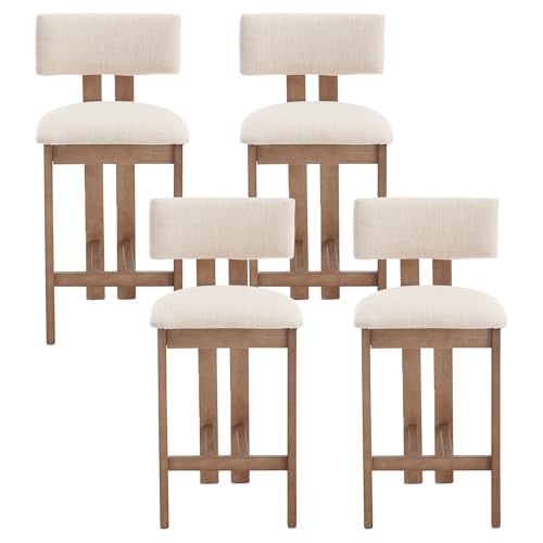 Image of DM Furniture 26" Mid Century Modern Counter Bar Stools for Kitchen Island Farmhouse Wooden Counter Height Barstools Set of 4 with Linen Fabric Curved Back for Patio/Home Bar/Balcony, Beige