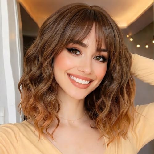 Image of AISI HAIR Synthetic Wavy Curly Bob Wig with Bangs Ombre Brown to Auburn Brown Wig Short Hair for Women Synthetic Heat Resistant Bob Wigs
