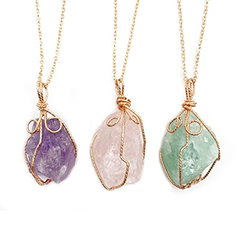 3pcs Raw Crystal Necklaces Gold Wire Wrapped, Natural Rose Quartz Green Fluorite Amethyst Gemstone Pendant, Irregular Crystal Pendant Necklace, Healing Reiki Chakra Crystal Jewelry for Women Girls