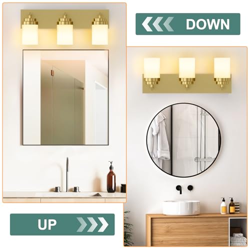 Image of IZORRO Bathroom Vanity Light Fixture, 3-Light 22 Inch Gold Bathroom Light Fixtures Over Mirror, with White Glass Shade, Modern Farmhouse Vanity Lights, Rustic Restroom Lighting Fixtures