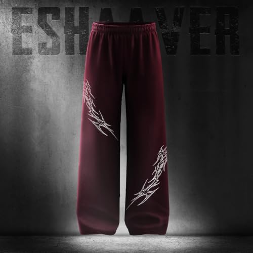 Image of Aesthetic Gothic Wide Leg Pants for Men | Tribal Print Baggy Streetwear | Oversized Track Pants with Elastic Waist | Black and White Relaxed Fit Bottoms