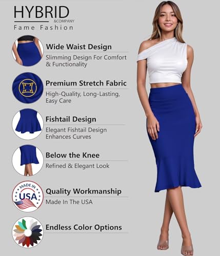 Image of HyBrid & Company Womens Premium Nylon Ponte Stretch Office Fishtail Pencil Skirt High Waist Made in The USA Below Knee