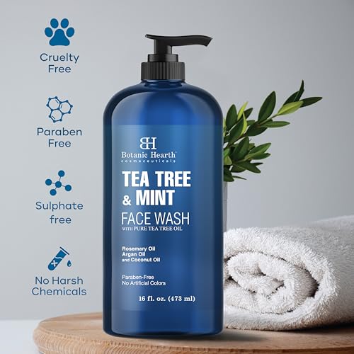 Botanic Hearth Tea Tree Face Wash with Mint - Acne Fighting, Premium, Hydrating Liquid Face Soap with Pure Tea Tree Oil - for Women and Men, Paraben Free, Fights Acne - 16 fl oz