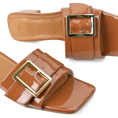 Image of Women's Slide Heeled Sandals Opened Square Toe Chunky Block Heel Slippers with Buckle Slip on Casual Comfortable Pumps