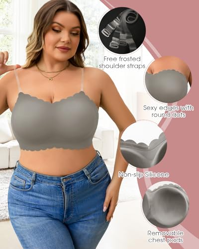 Image of Strapless Wireless Bra for Women Scalloped Full Coverage Bandeau Comfortable Everyday Non-Wired Bra for Large Busts
