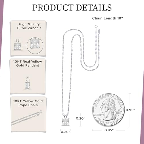 Jewelili 10K Yellow or White Gold Princess Cut Cubic Zirconia Solitaire Pendant Necklace for Women | 1.0, 1.5, or 2.0 Carat | 18 Inch Rope Chain | Gift Box Included3
