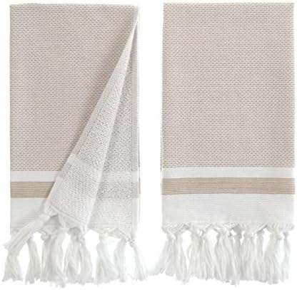 sea me at home Turkish Hand Towels for Bathroom, Kitchen Towels Decorative Set of 2, Luxury Turkish Cotton Dish Tea Towels 14 x 30 Inches for Bohemian, Rustic, and Farmhouse Decor (Beige) - Thumbnail 2