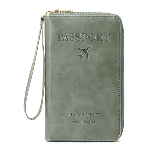 DAITET Carteira para passaporte para homens e mulheres, carteira de viagem com bloqueio RFID, ranhuras para cartões, organizador de documentos, alça de pulso, Verde elegante